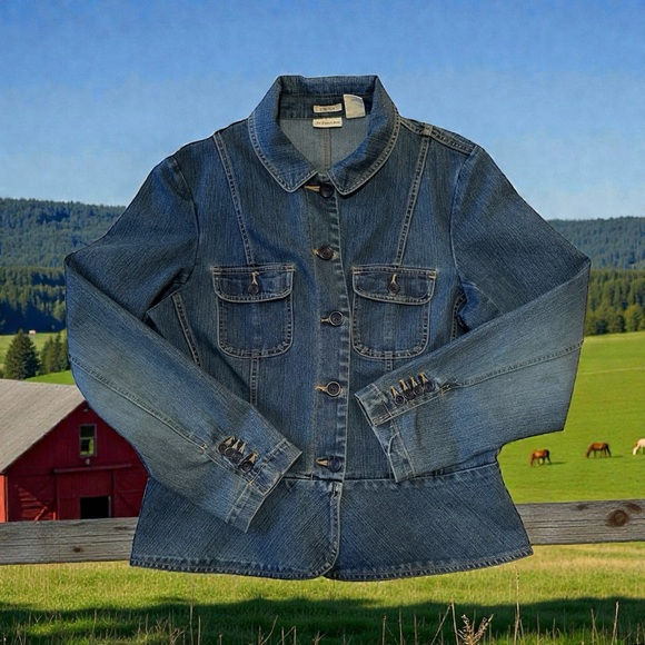 St. Johns Bay Denim Jacket Womens Large Blue Distressed 4-Button Long Sleeves - Picture 16 of 16